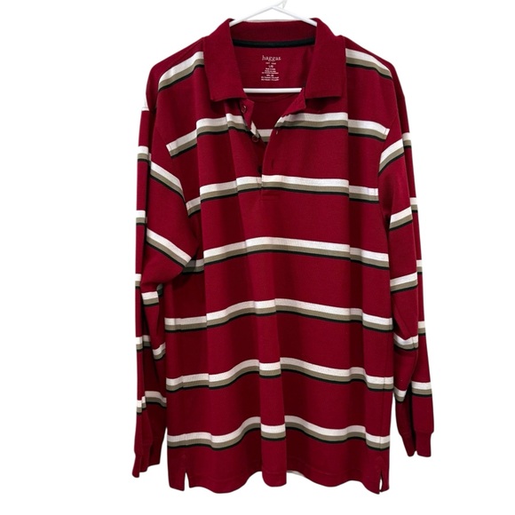 Haggar Large Red Black White Stripe Long Sleeve Polo Shirt - Picture 1 of 3